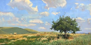 Harmony by Stephanie Hartshorn | Oil on wood panel Landscape with tree and hay bales under blue sky