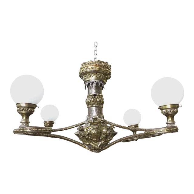 Extraordinary 19th Century Beaux Arts Four Arm Brass & Zinc Globe Light Chandelier-Stanford White Gatsby MansionStyle- 37éw. For Sale