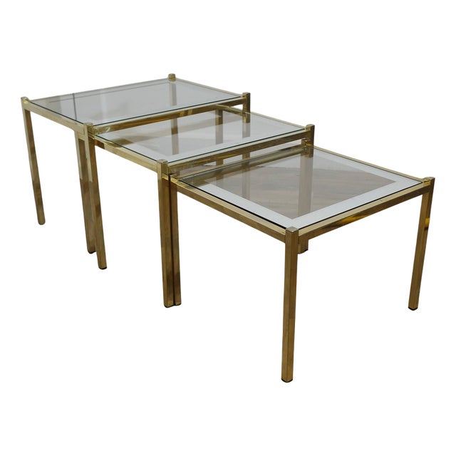 Art Deco Glass Mirror and Brass Nest of Tables, 1960s, Set of 3 For Sale