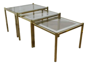 Art Deco Glass Mirror and Brass Nest of Tables, 1960s, Set of 3