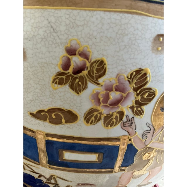 Mid 20th Century Large Hand‑Painted Asian Motif Fishbowl Table With Glass Top & Wood Stand For Sale - Image 11 of 12