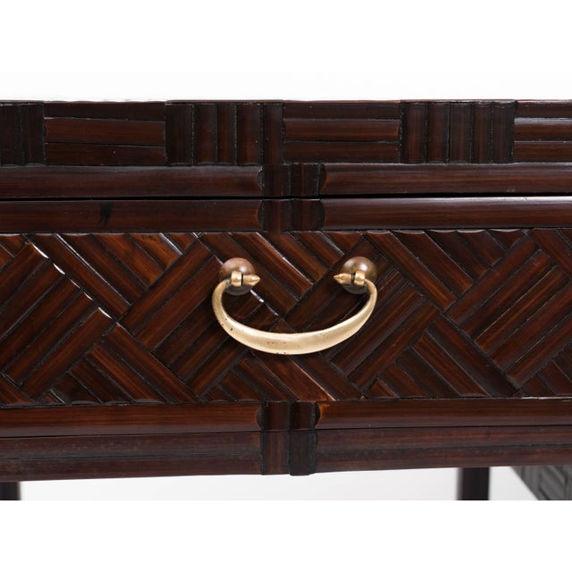 Wood 1960's Anglo Chinese Bamboo Parquet Hardwood Campaign Desk For Sale - Image 7 of 11