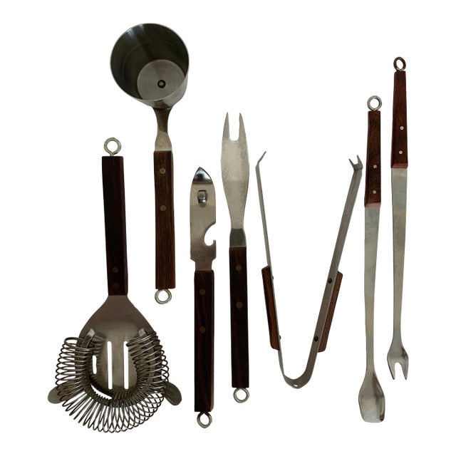 1960s Japanese Rosewood & Stainless Steel Cocktail Bar Tool Set- 7 Pieces For Sale