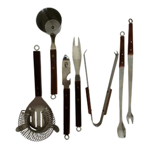 1960s Japanese Rosewood & Stainless Steel Cocktail Bar Tool Set- 7 Pieces