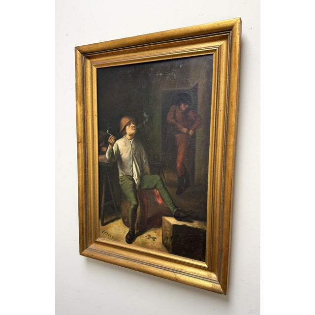 Early 1900's Oil on Canvas "The Smoker" Signed Santamaria For Sale - Image 4 of 11