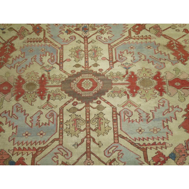 Wonderful antique Persian Heriz Serapi rug . Ivory field , soft brown borders with predominant accents in blue grey &...