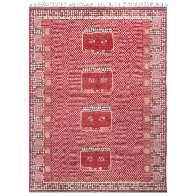 "Rubilace" - Modern Swedish Pile Rug with Red Lattice and Medallion Motifs For Sale