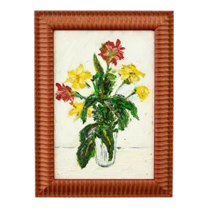 Original Impressionist Style Oil Painting of Red & Yellow Flowers in a Glass Vase