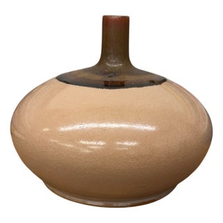 Round Blush Ceramic Vase with Brown Neck and Crackle Glaze For Sale