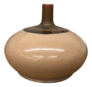 Round Blush Ceramic Vase with Brown Neck and Crackle Glaze