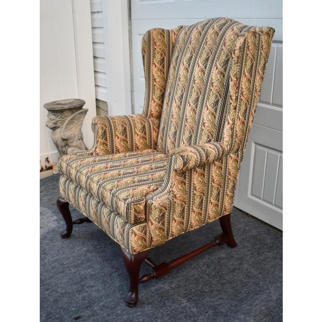 Vintage Queen Anne Wingback Chair Mahogany Cabriole Leg Striped Tapestry Floral For Sale - Image 9 of 15