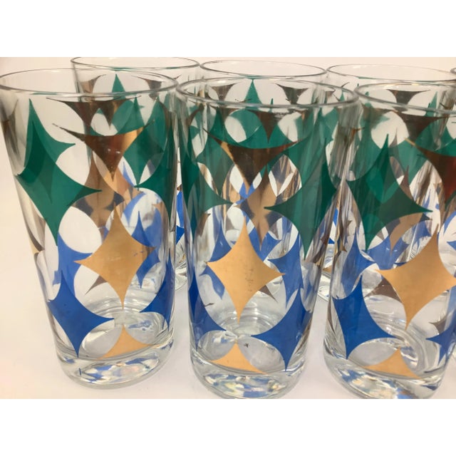 Mid-Century Modern Vintage Highball Glasses With Blue, Green, and Gold Diamonds - Set of 8 With Caddy For Sale - Image 3 of 10