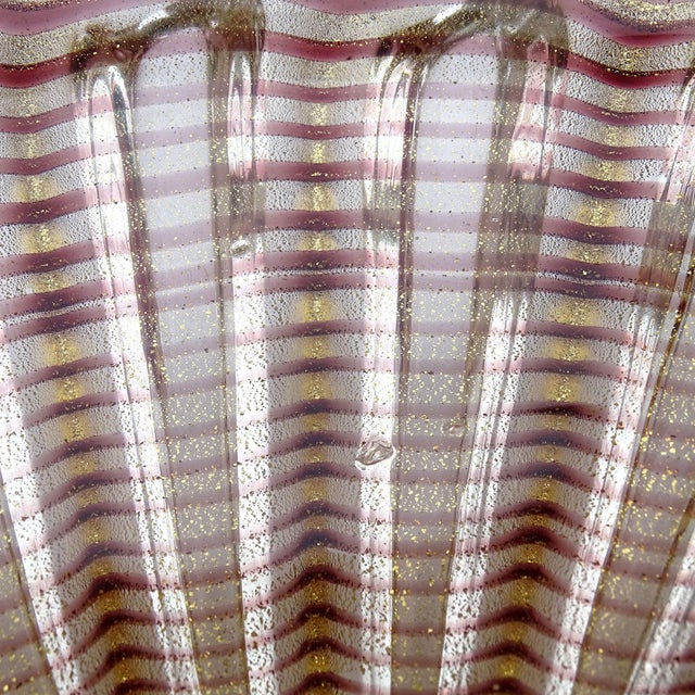 Gold Murano Barovier Toso Vintage Purple Swirl Gold Flecks Italian Art Glass Decorative Ribbed Seashell Ashtray Bowl For Sale - Image 8 of 9