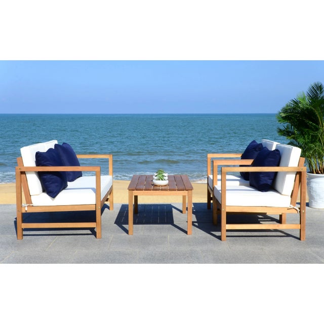 Ecru Outdoor Table and Chair Set With Accent Pillows in Natural & White & Navy - 4 Pieces For Sale - Image 8 of 10