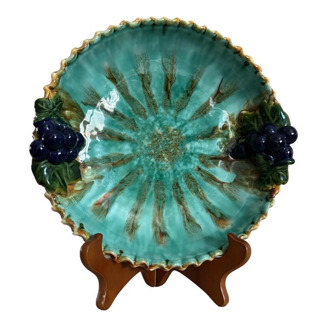 Antique 1950’s St Peter Graz Austrian Majolica Blue Pie Dish With Grapes For Sale