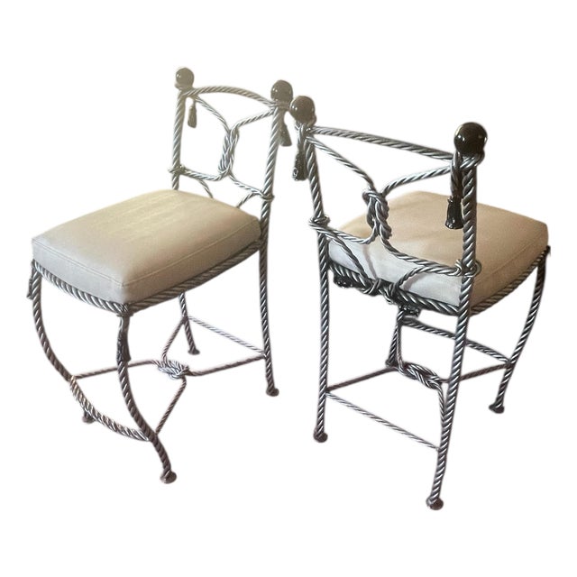 Pair Vintage Napoleon III Rope Twist & Tassel Designer Stools For Sale