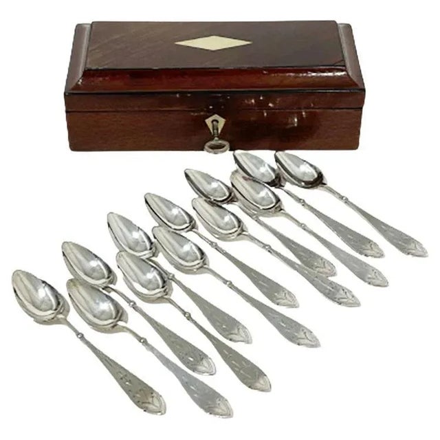 Silver Antique Dutch Spoon Box in Wood with 12 Silver Spoons For Sale - Image 8 of 8