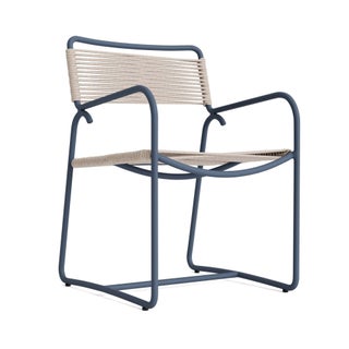 Brown Jordan Walter Lamb Aluminum Arm Chair in Sapphire with Pebble Strapping For Sale