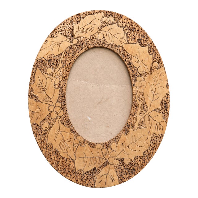 Antique Early 20th Century Folk Art Pyrography Wood Holly Oval Picture Frame With Glass For Sale