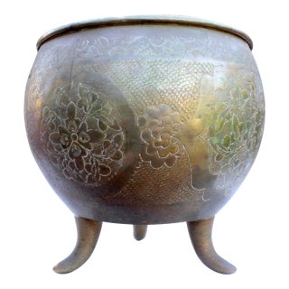 Vintage 8" Hand-Chased Brass Cachepot Jardinere – Peony & Chrysanthemum Engravings For Sale