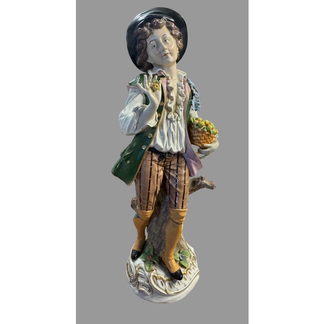 Rococo Antique Sitzendorf German Porcelain Figurines Pair Fruit Sellers 20” Large For Sale - Image 3 of 12