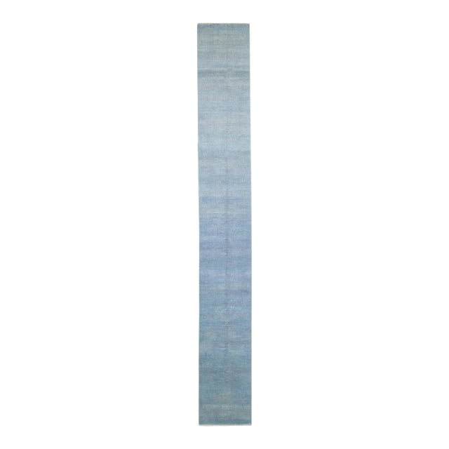 2020s Light Blue Modern Savannah Wool Runner Handmade With Subtle Geometric Pattern For Sale