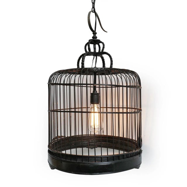 Vintage bird cage pendant light. Original and whimsical black bamboo bird cage with bottom removed for an interesting...