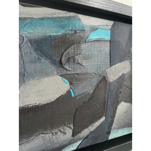 2020s Miniature Black, Taupe, and Turquoise Textured Collage Painting in Shadow Box Frame – Modern Bookshelf Art Decor For Sale - Image 5 of 6