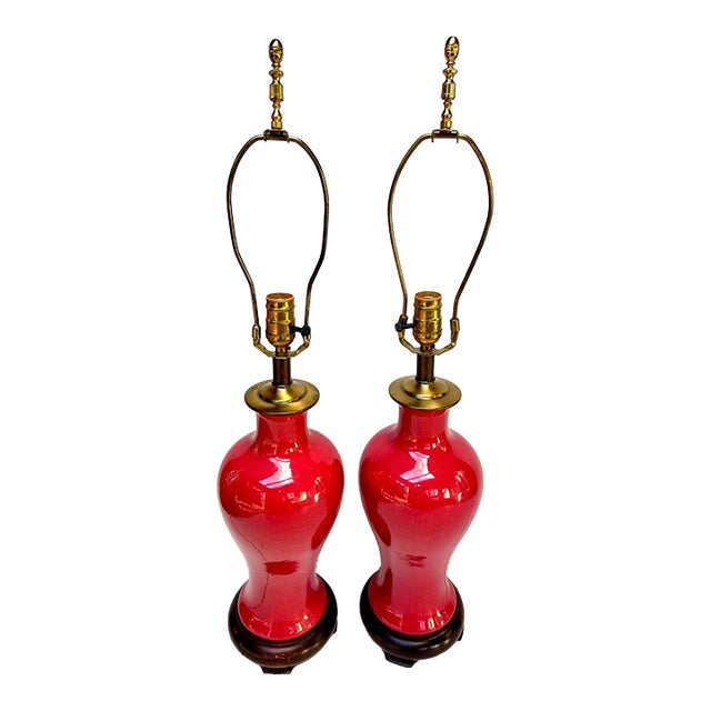 Pair of Vintage Oxblood Red Glazed Ceramic Table Lamps With Brass Hardware For Sale