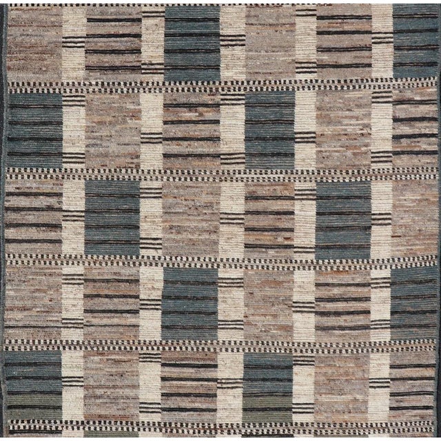 Modern Casual Design Tribal Rug with Checkered Pattern in Teal, Cream, and Brown. Keivan Woven Arts / rug SNK-2313,...