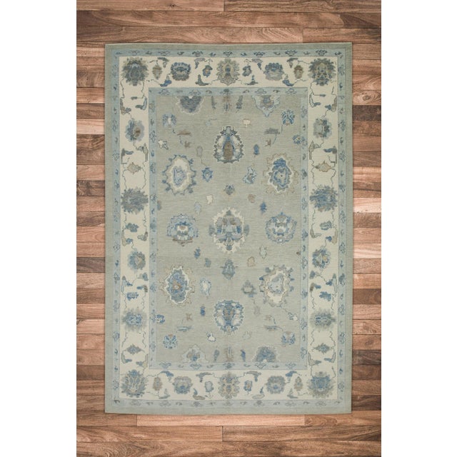 Early 21st Century Green & Blue Floral Design Handwoven Wool Turkish Oushak Rug 6'1" X 8'6" For Sale In Houston - Image 6 of 7