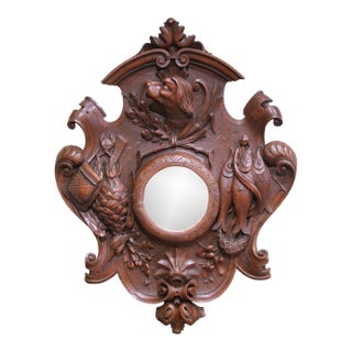 19th C. French Black Forest Carved Walnut Wall Hunting Panel With Center Mirror For Sale