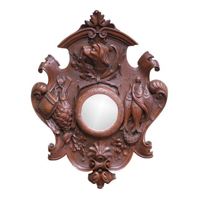 19th C. French Black Forest Carved Walnut Wall Hunting Panel With Center Mirror For Sale