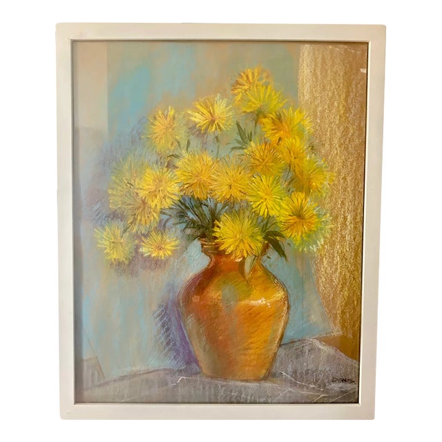 Vintage Boho Chic Pastel Yellow Dahlias Signed by the Artist For Sale