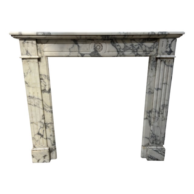 Louis XVI Style Fireplace in White Carrara Veined Marble, 19th Century For Sale