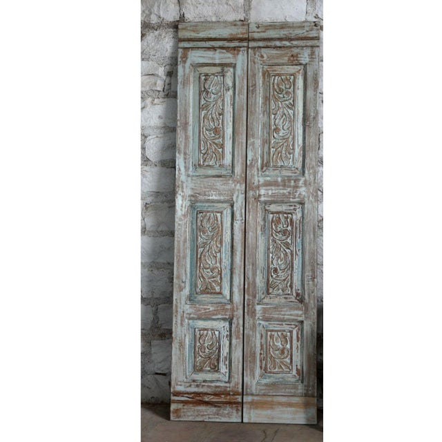 Mid-Century Modern Antique Carved Floral Barn Door – Rustic Blue Statement Pantry Doors 80x28 For Sale - Image 3 of 5