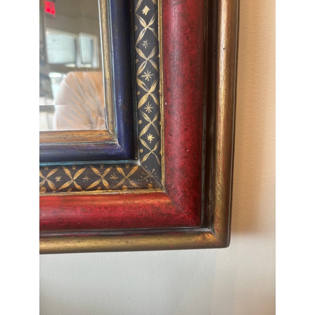 1990s Hand-Painted Mirror With Red, Blue and Gold Decorative Frame For Sale - Image 5 of 5