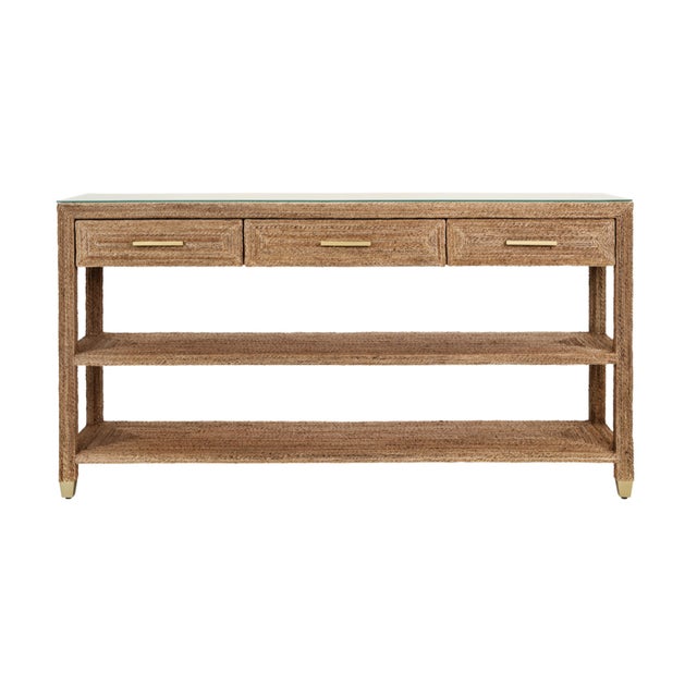 Metal Matthew Izzo Home Cassie Wrapped Rope Three Drawer Console With Satin Brass Details and Glass Top For Sale - Image 7 of 7