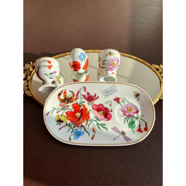 1980s Gucci Bernardaud Limoges Floral & Butterfly Print Porcelain Egg Cup and Salt Shaker Set, Made in France - 4 pcs For Sale - Image 10 of 10
