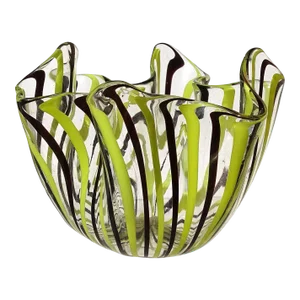 Venini Murano Signed Bianconi Vintage Black Yellow Filigrana Ribbons Italian Art Glass Decorative Fazzoletto Vase