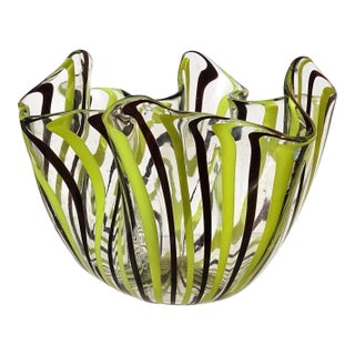 Vintage Venini Murano Signed Bianconi Black Yellow Filigrana Ribbons Italian Art Glass Decorative Fazzoletto Vase For Sale