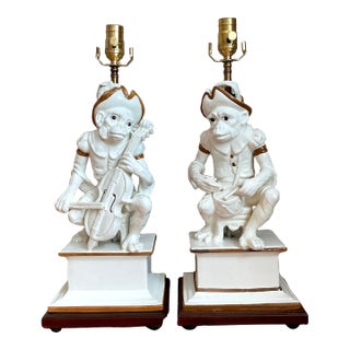 Vintage Italian Glazed Ceramic Monkey Musician Lamps - A Pair For Sale