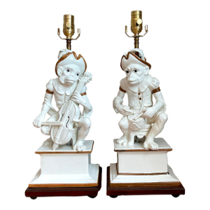 Vintage Italian Glazed Ceramic Monkey Musician Lamps - A Pair