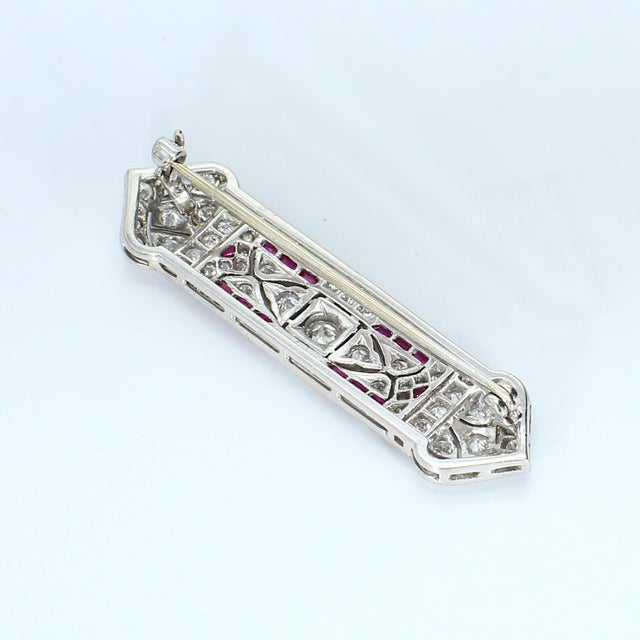 Platinum Brooch With Old European Cut Diamond and Red Accents For Sale - Image 4 of 4