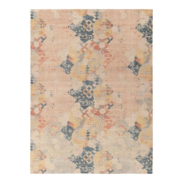 Distressed Japanese Deco Style Rug in Blue, Pink All Over Pattern by Rug & Kilim For Sale