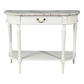 Louis XVI Style, White Demilune Console Table, Wood, Marble, France, 1960s For Sale