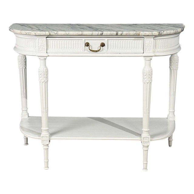 Louis XVI Style, White Demilune Console Table, Wood, Marble, France, 1960s For Sale