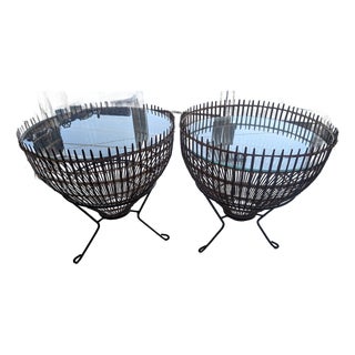1960s Mid-Century Franco Albini Style Rattan, Iron & Glass Fish Trap Side Tables - A Pair For Sale