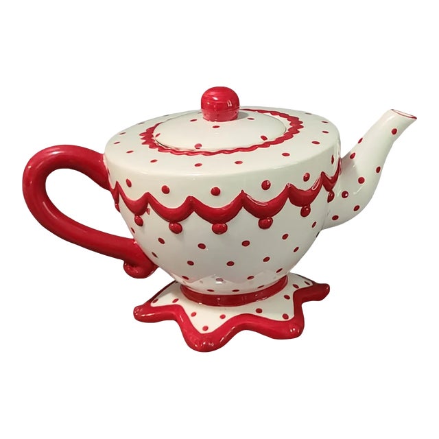 Vintage Fairytale Magenta Red & White Porcelain Polka-Dot Star Base Tea Pot For Sale