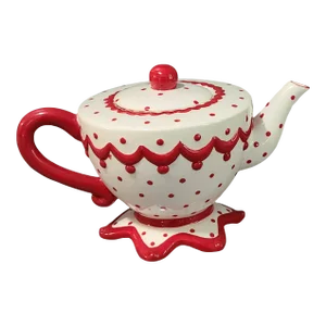Vintage Fairytale Magenta Red & White Porcelain Polka-Dot Star Base Tea Pot